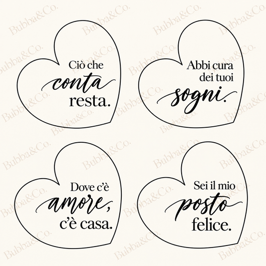 Anteprima delle quattro frasi disponibili per il portafoto a cuore in legno Bubba&Co.: amore e casa, ricordi, posto felice e sogni.