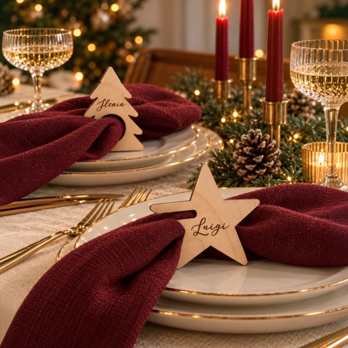 Segnaposti natalizi fermatovagliolo personalizzati in legno di betulla, a forma di albero e stella, con nomi incisi su tovaglioli bordeaux. 