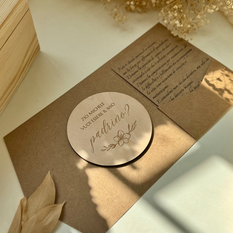 Targhetta Classic “Vuoi essere la mia Madrina/Padrino?” in legno personalizzabile per Battesimo