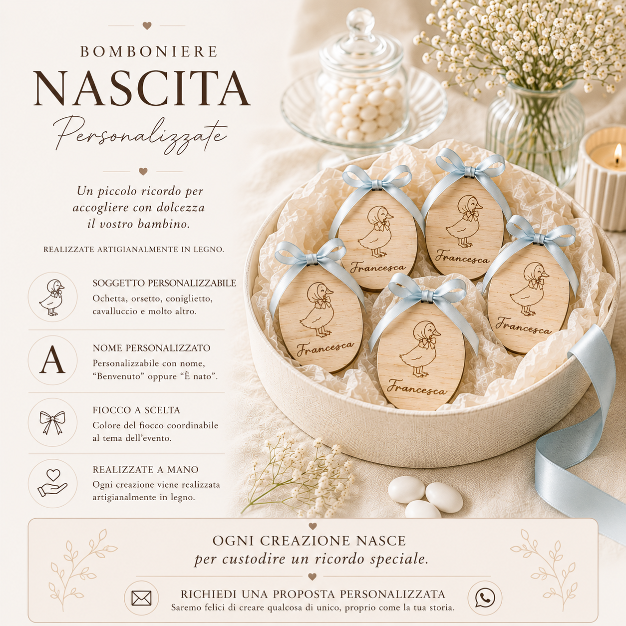 bomboniere nascita personalizzate in legno con fiocco coordinato