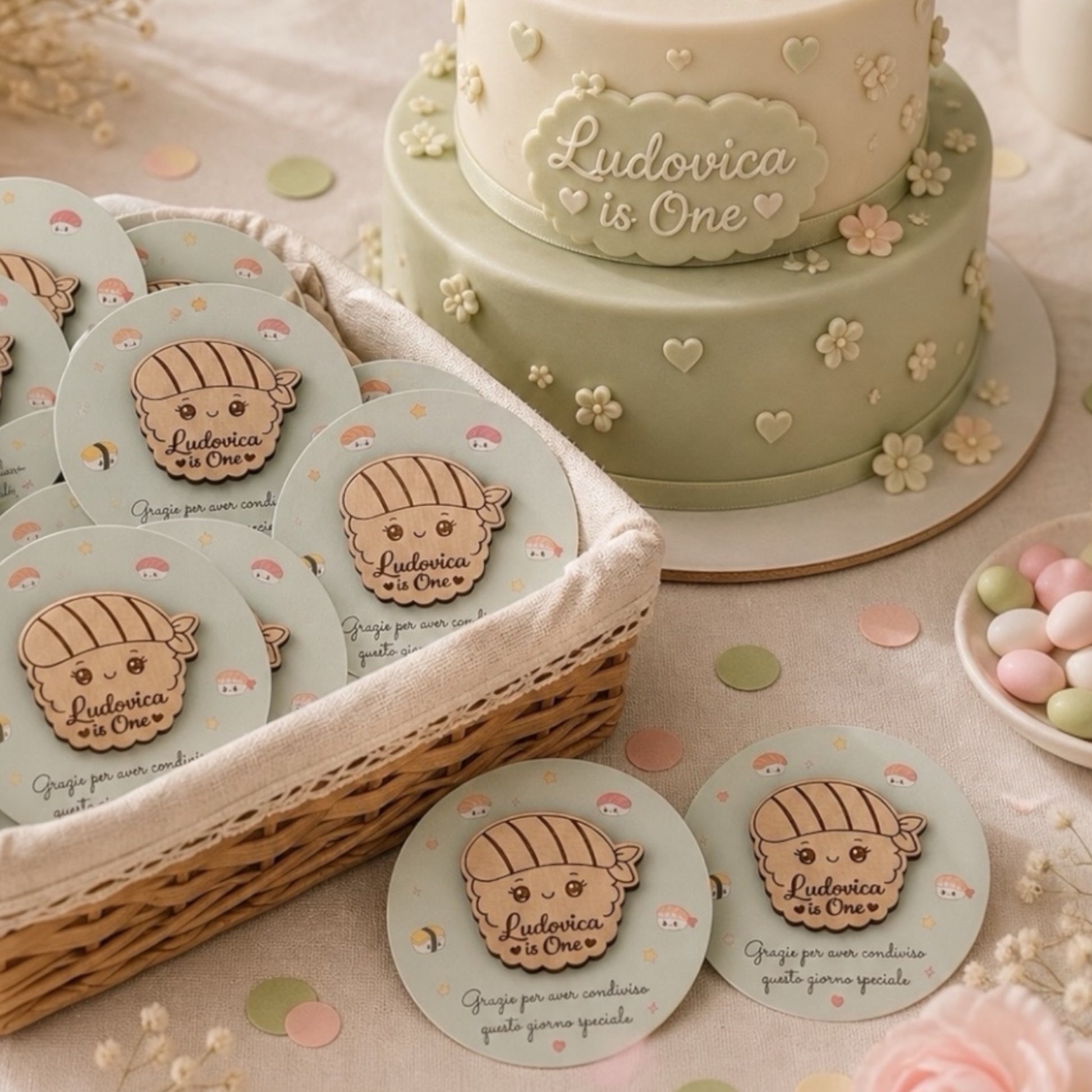 bomboniere primo compleanno personalizzate in legno con packaging coordinato