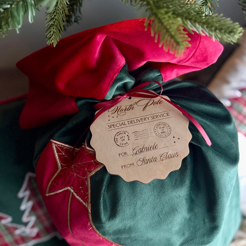 Set sacco di Babbo Natale in velluto con tag in legno personalizzato
