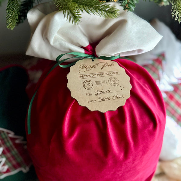 Set sacco di Babbo Natale in velluto con tag in legno personalizzato