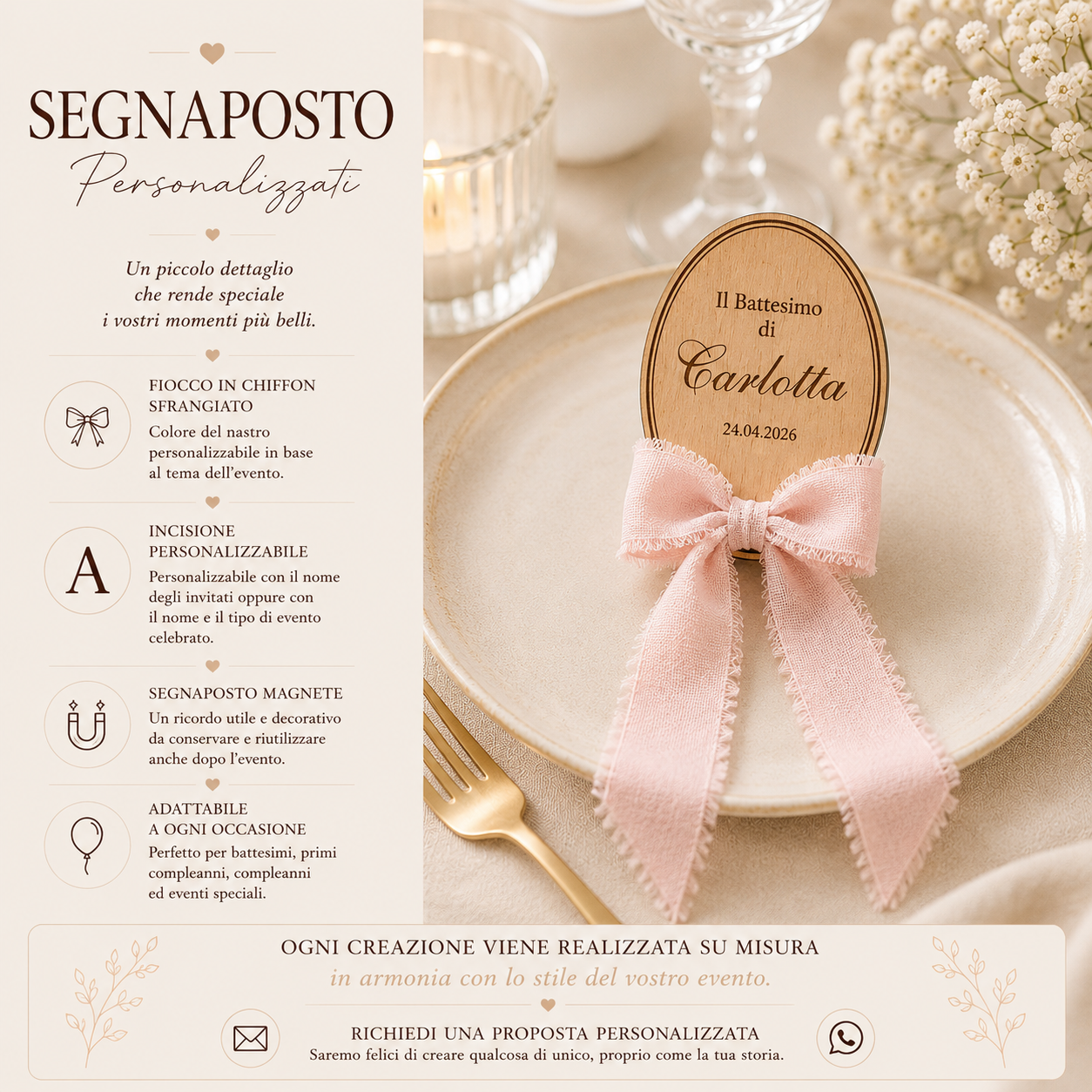 segnaposto personalizzato in legno con fiocco in chiffon sfrangiato