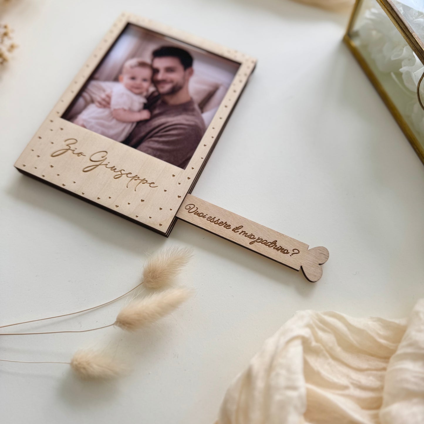 Portafoto Polaroid “Vuoi essere la mia Madrina/Padrino?” con calamita personalizzato "Heart"