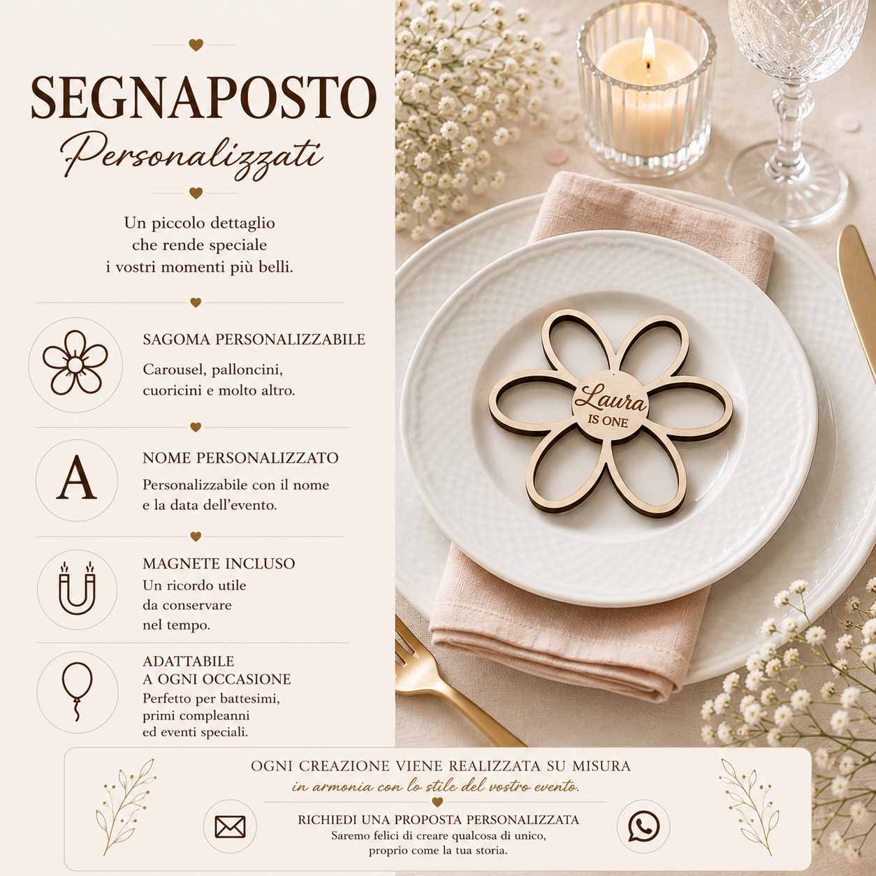 segnaposto fiore personalizzato in legno per battesimo e nascita