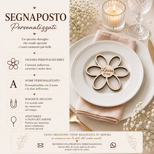 segnaposto fiore personalizzato in legno per battesimo e nascita