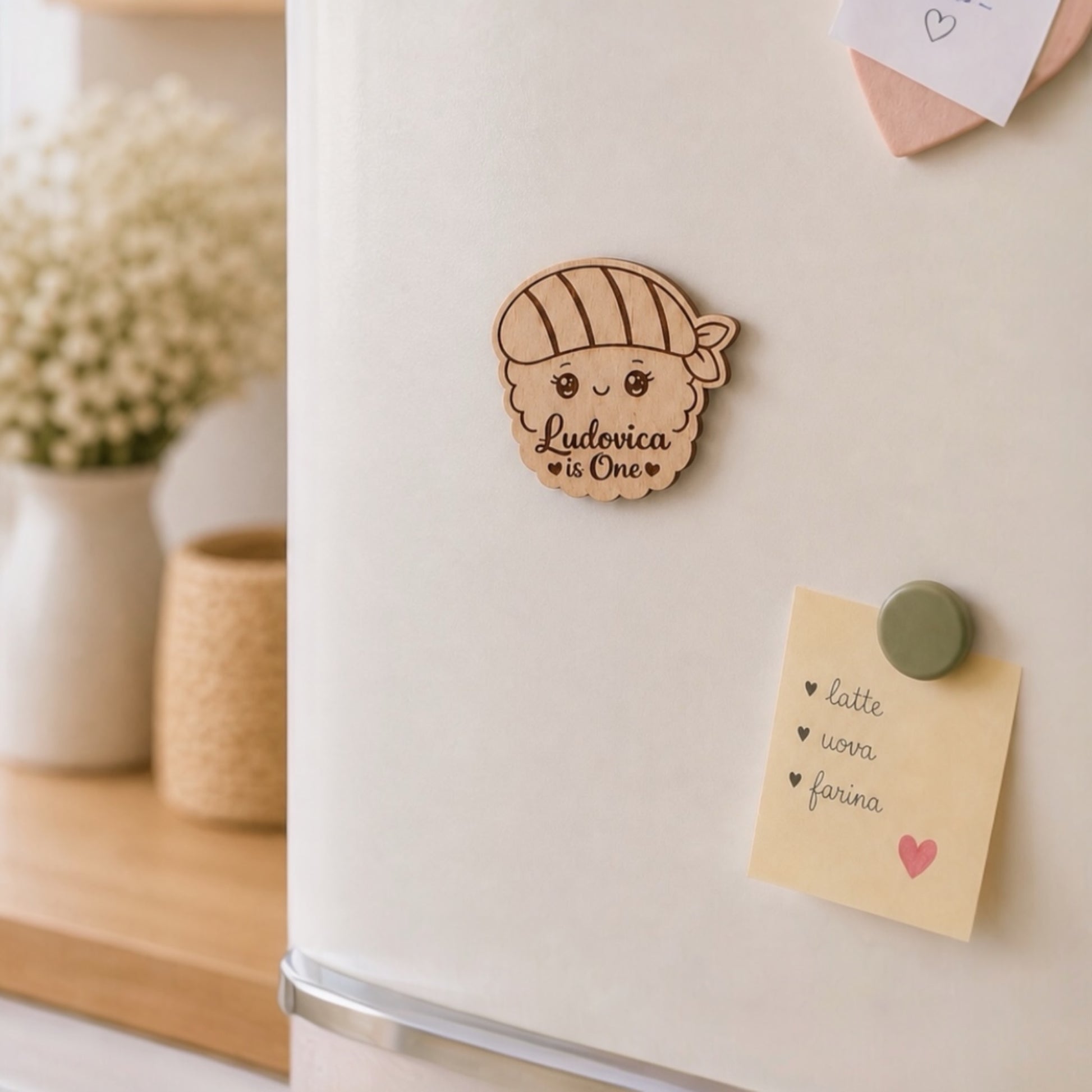 bomboniera personalizzata in legno con nome inciso e magnete