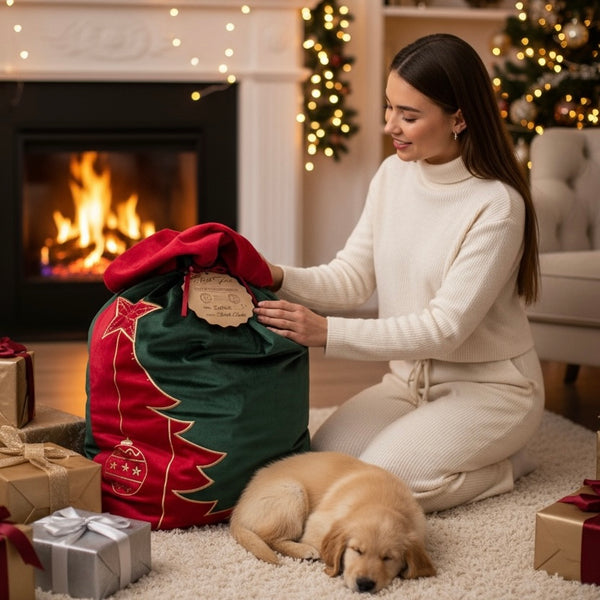 Set sacco di Babbo Natale in velluto con tag in legno personalizzato