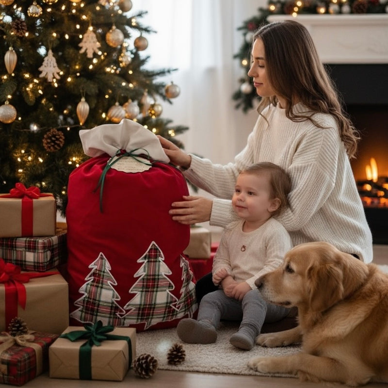 Set sacco di Babbo Natale in velluto con tag in legno personalizzato