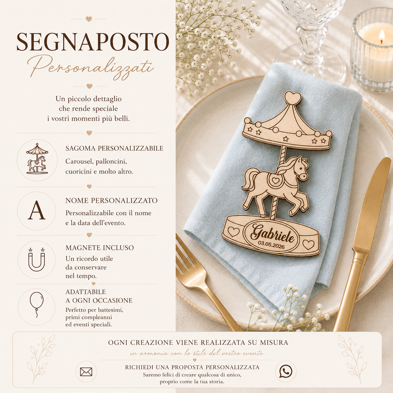 segnaposto carosello personalizzato in legno per battesimo e nascita