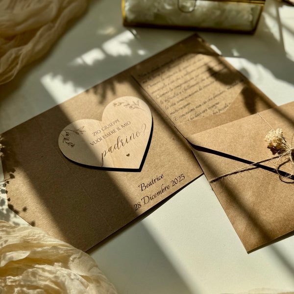 Targhetta Heart “Vuoi essere la mia Madrina/Padrino?” in legno personalizzabile per Battesimo