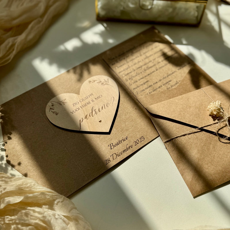 Targhetta Heart “Vuoi essere la mia Madrina/Padrino?” in legno personalizzabile per Battesimo