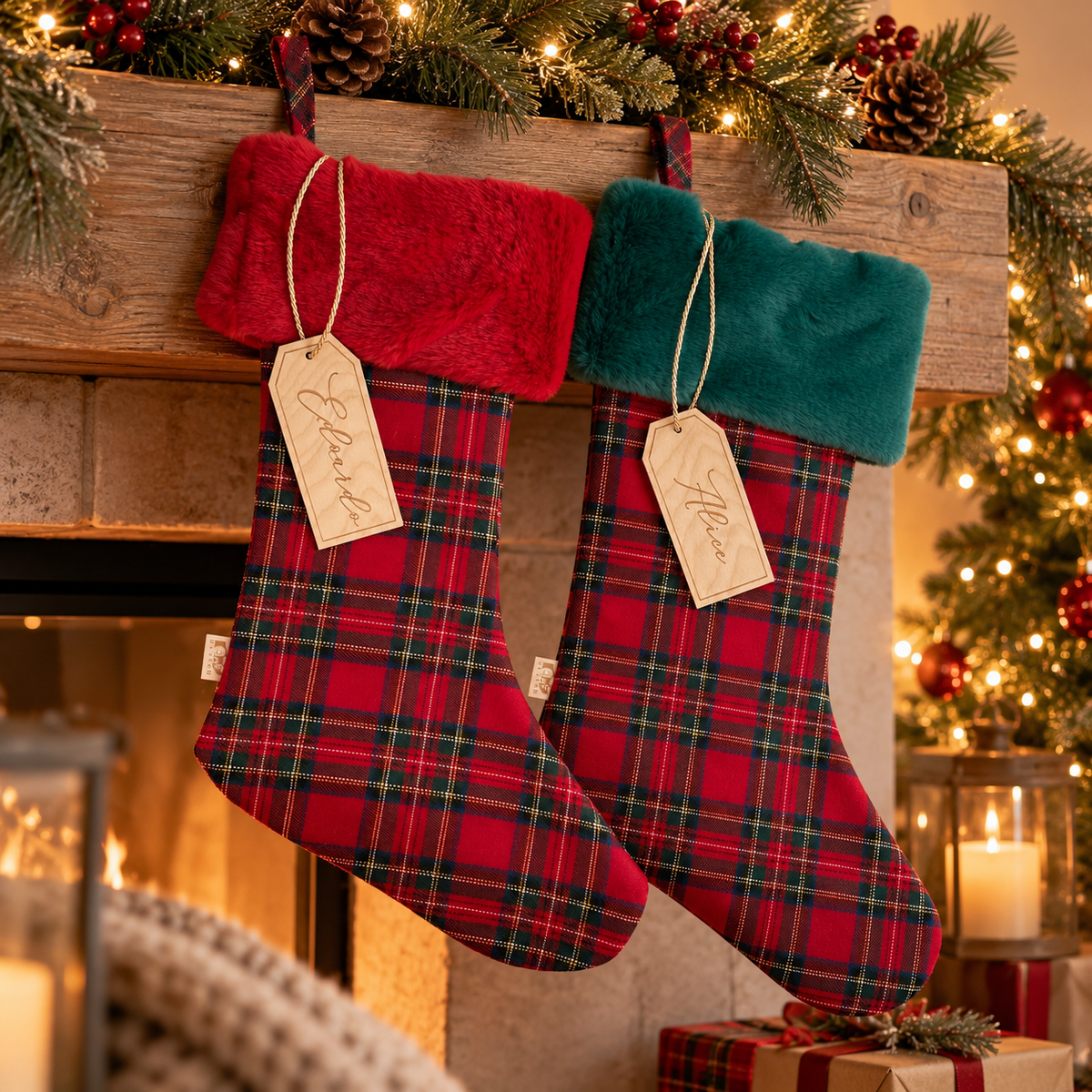 Due calze natalizie tartan personalizzate con nome su targhetta in legno, risvolti in pelliccia rossa e verde, appese al camino.