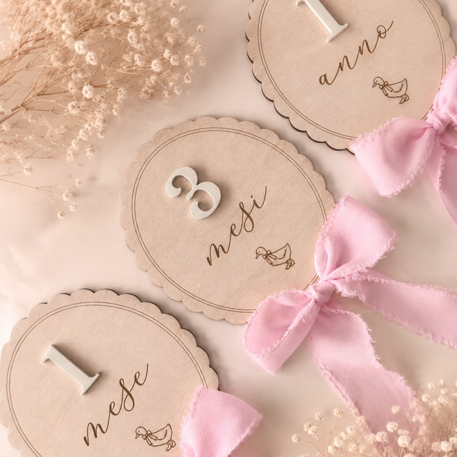 Milestone Cards Ochetta 3D in legno con numeri intercambiabili e fiocco rosa per il primo anno della bambina