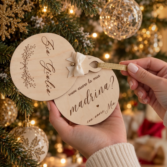 Pallina di Natale personalizzata in legno con fiocco in velluto, pensata per chiedere vuoi essere la mia madrina o il mio padrino.