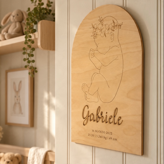 Quadretto nascita personalizzato in legno con neonato e corona floreale incisi, nome Gabriele in rilievo, data, ora, peso e lunghezza alla nascita. Copia ALT