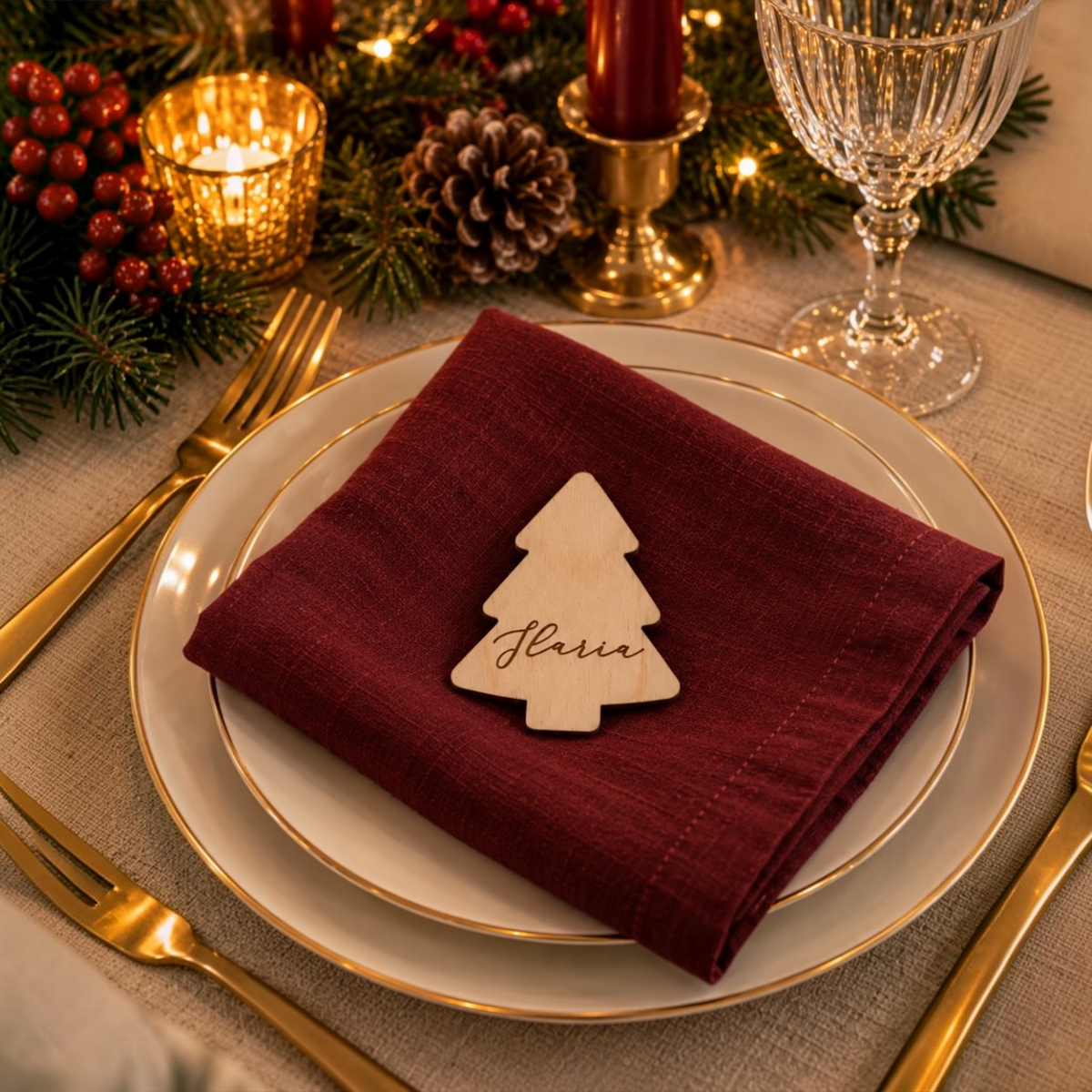 Segnaposto natalizio a forma di albero di Natale in legno di betulla, personalizzato con nome inciso e appoggiato su un tovagliolo bordeaux.