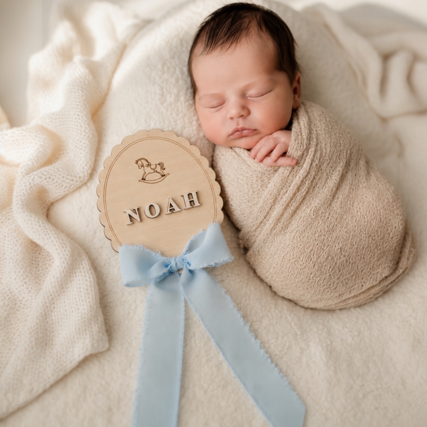 Targhetta nascita Cavalluccio personalizzata utilizzata per la prima foto di un neonato con nome Noah in rilievo 3D