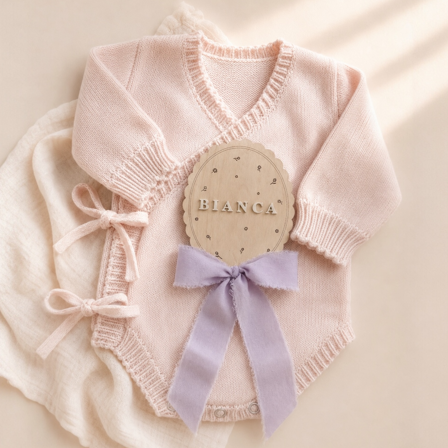 Targhetta nascita Fiorellini personalizzata in legno con nome Bianca in rilievo 3D e fiocco glicine in chiffon sfrangiato