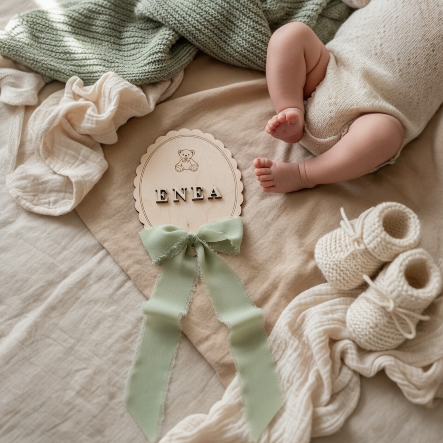 Targhetta nascita Teddy personalizzata utilizzata per la prima foto di un neonato con nome Enea in rilievo 3D
