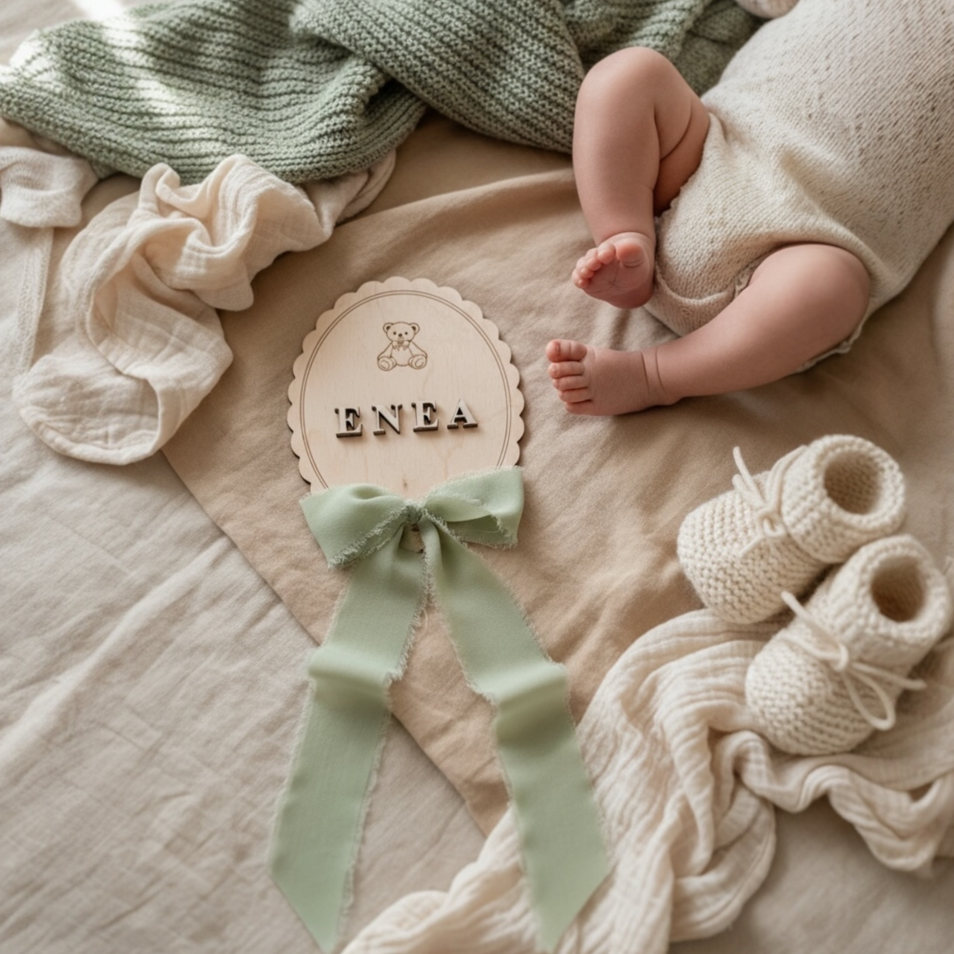 Targhetta nascita Teddy personalizzata utilizzata per la prima foto di un neonato con nome Enea in rilievo 3D